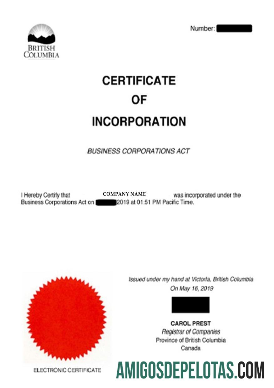 Exemplo de certificado de incorporação de Columbia